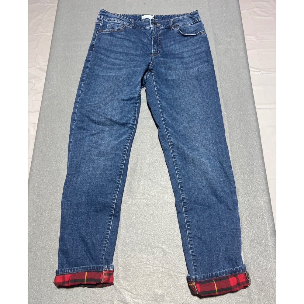 LL Bean Signature Modern Straight Leg Flannel Lined Jeans Blue Plaid Cuff 6
